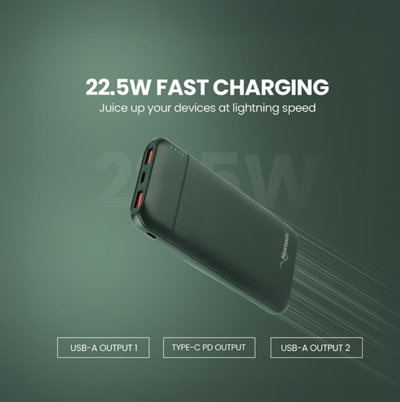 Nextech Slender PDQC 22.5W | 10000mAh | Made in India | Fast Charging | Ultra Slim Power Bank | Type-C PD & QC 3.0 USB Output | Compatible with Smartphones, iPhone, Android | Green