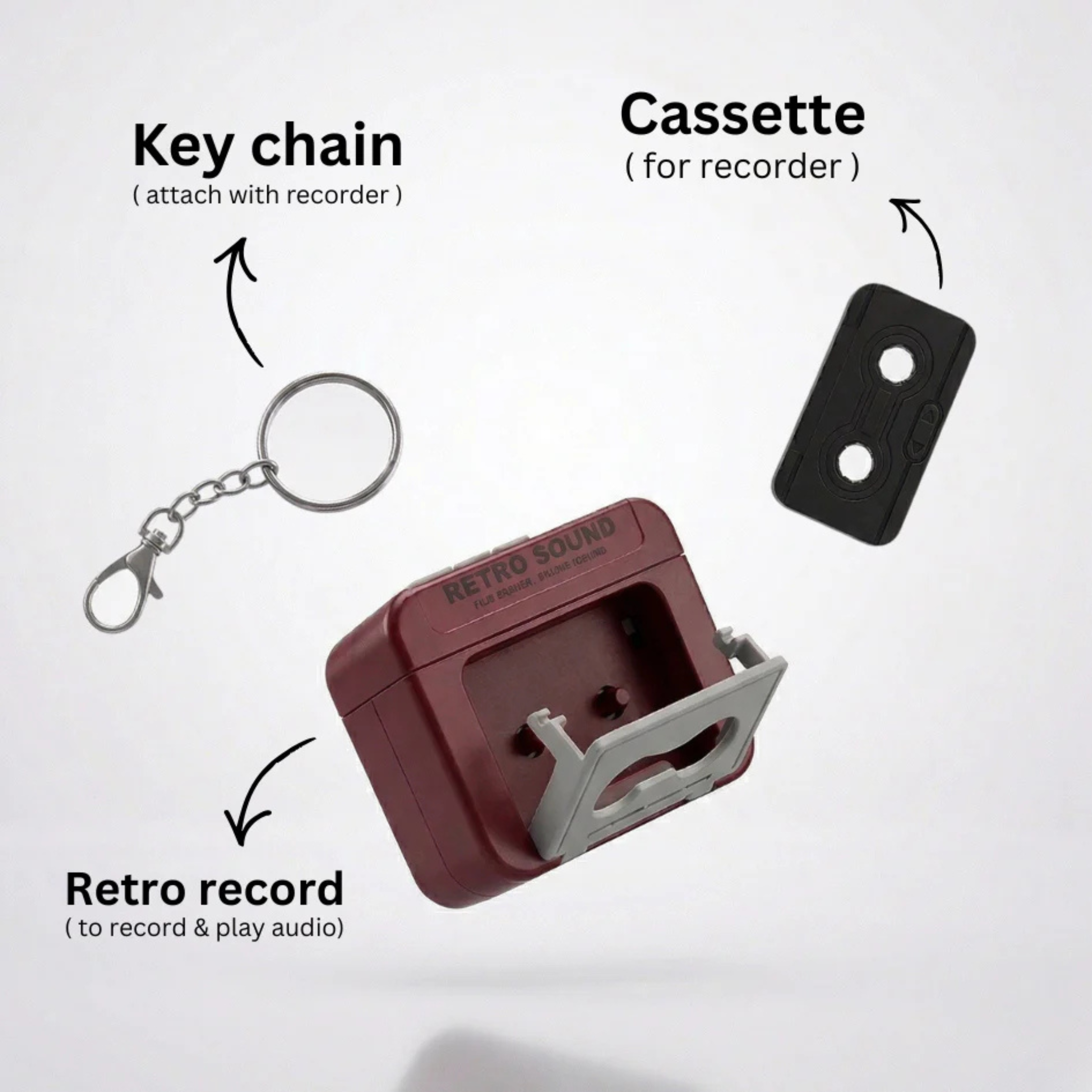 Yappy: Mini Retro Recorder Tape Keychain, Voice Recording Keychain with Mini Cassette Design & Built-In Playback Function for Bags, Keys & Collectible Gifts