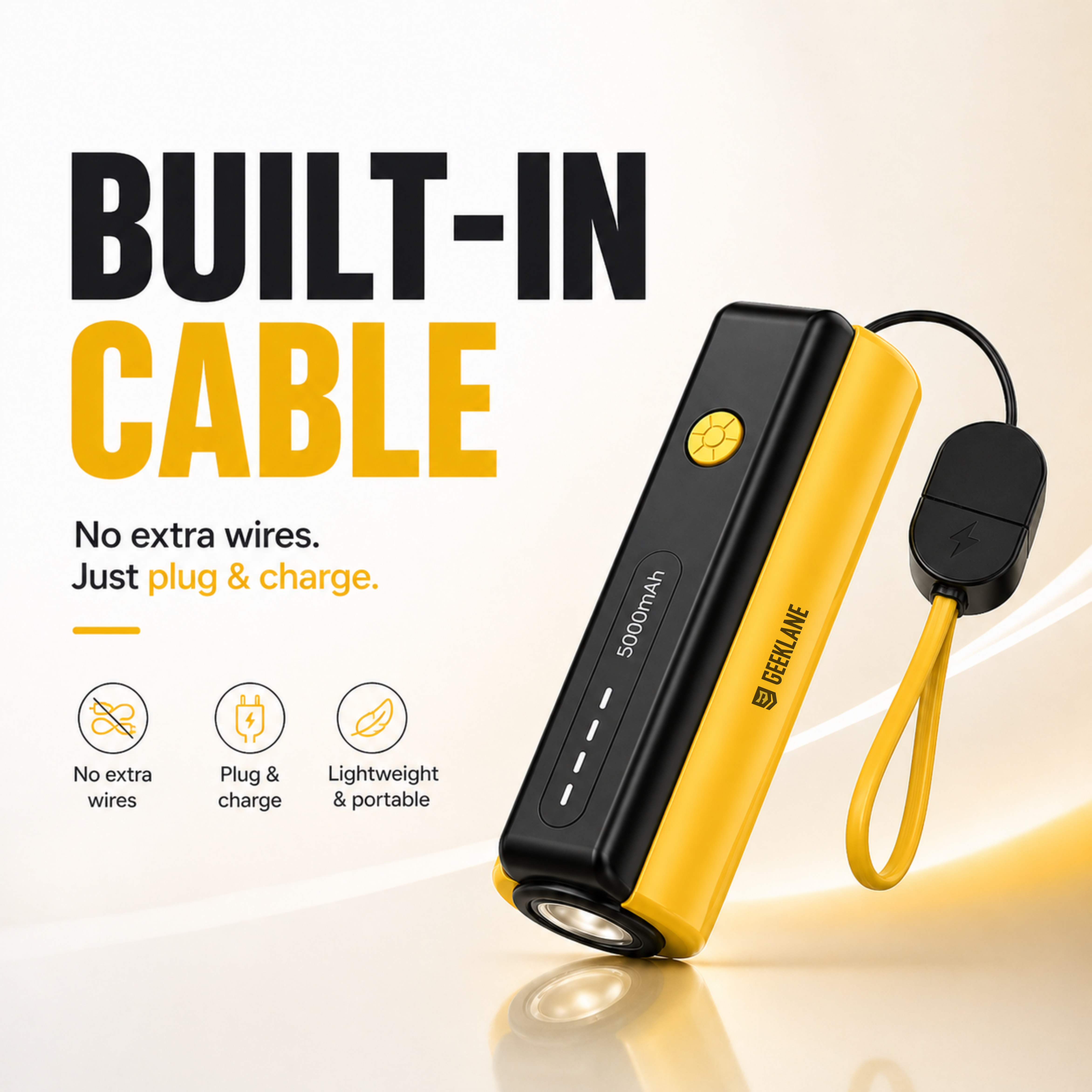 Pico: 5000mAh Mini Pocket Power Bank with Built-In Lanyard Type-C Cable, Torch & Fast Charging