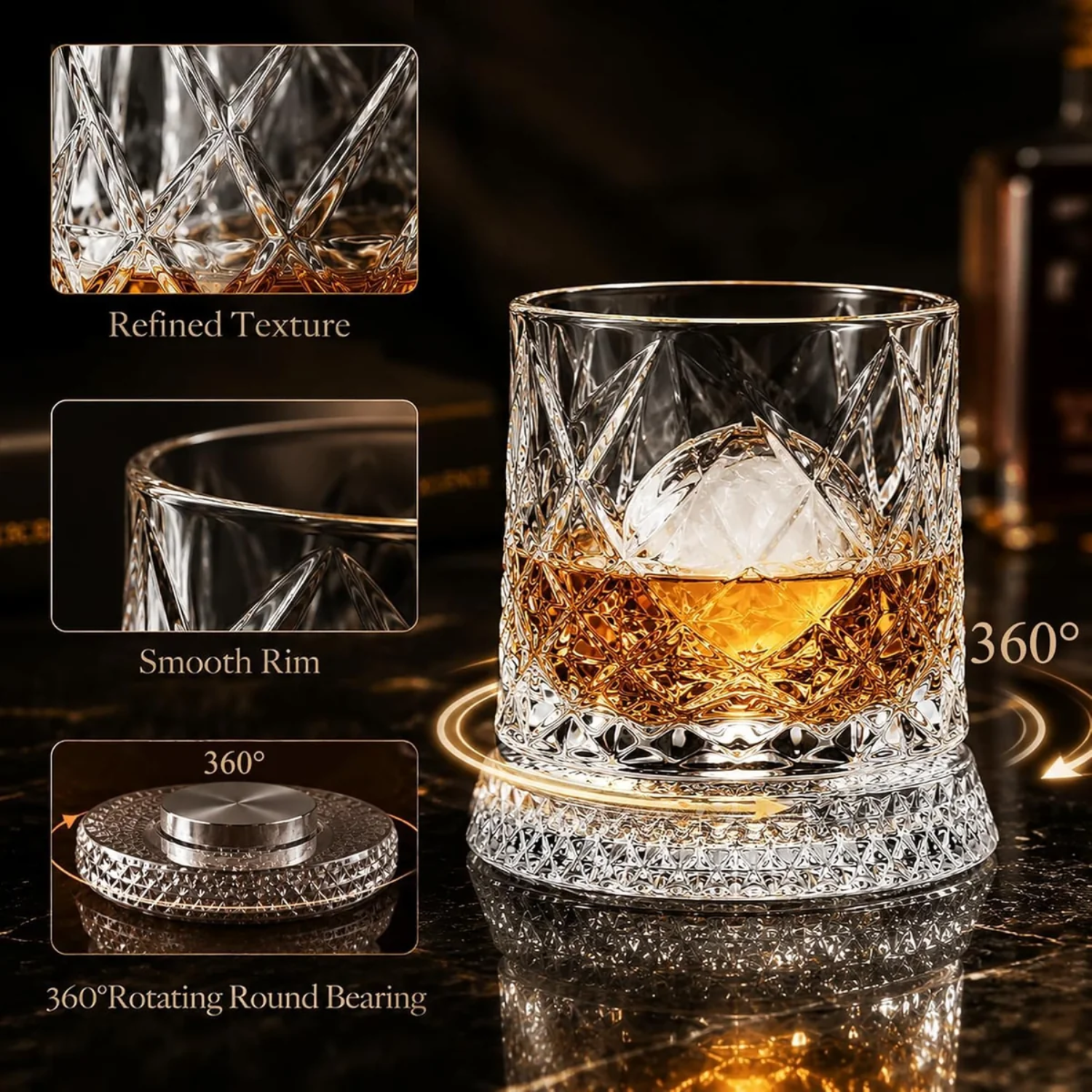 Glitzo: 300ml Revolving  Glass with Hexa-Cut Crystal Look, 360° Spinning Tumbler & LED Light Base Glass