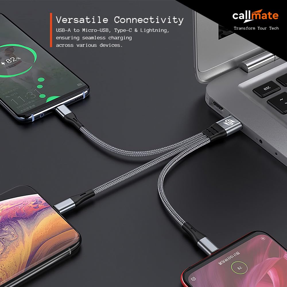 Trippy: 3-in-1 Universal Fast Charging Cable with Lightning, Type-C & Micro-USB – Durable Fabric Multi Charging Cable (21 cm)