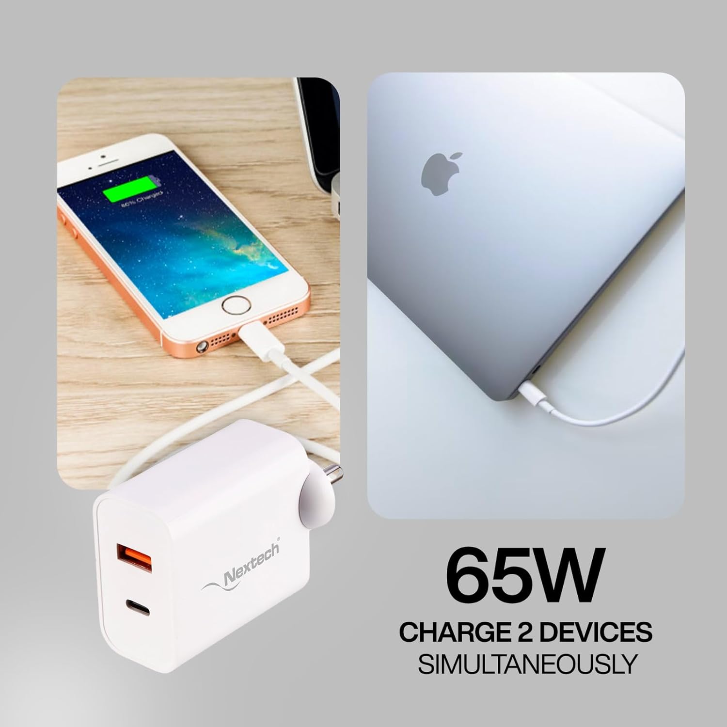 Nextech 65W PDQC PPS Technology Universal Charger for Macbooks, Laptops, Smartphones, Tablets (White)