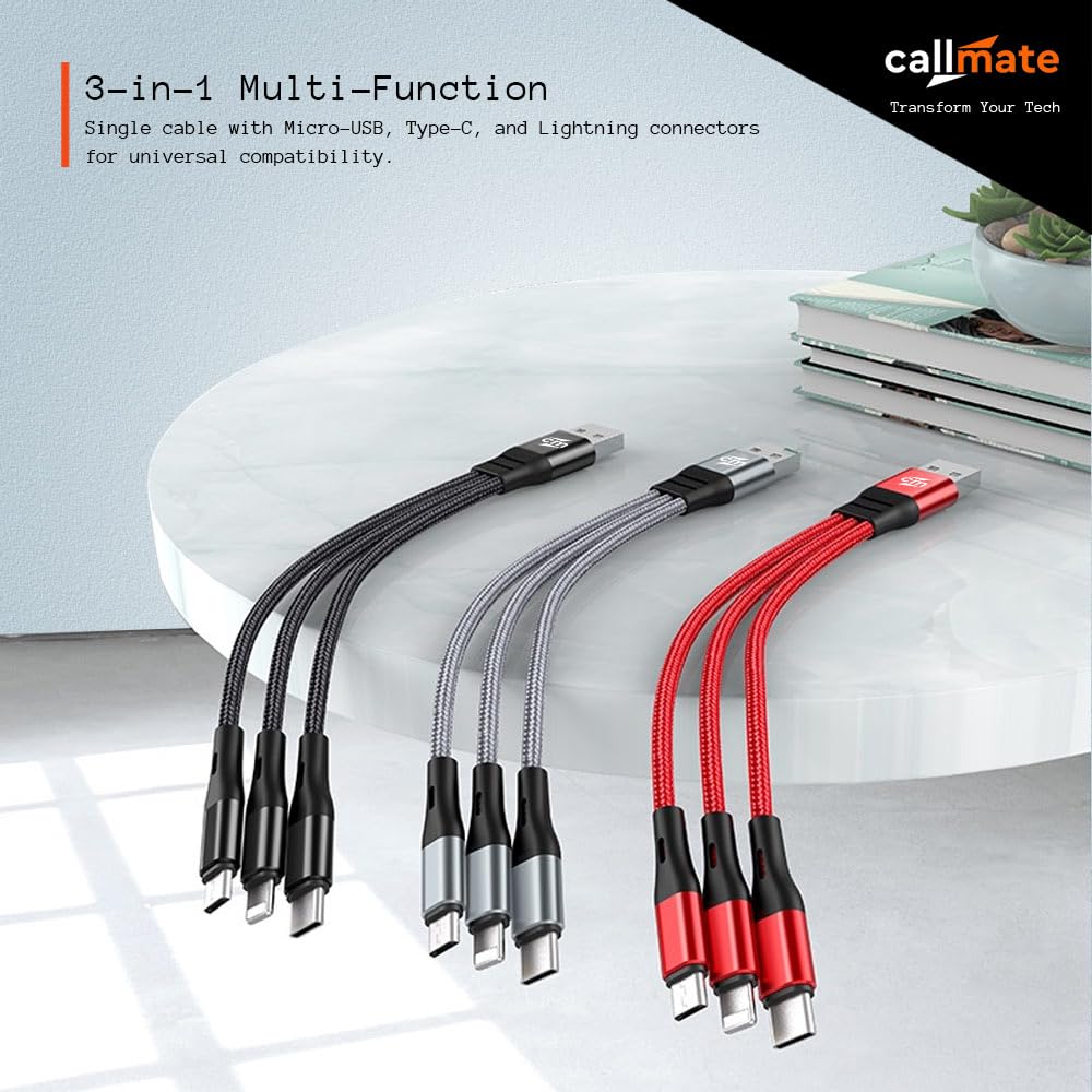 Trippy: 3-in-1 Universal Fast Charging Cable with Lightning, Type-C & Micro-USB – Durable Fabric Multi Charging Cable (21 cm)