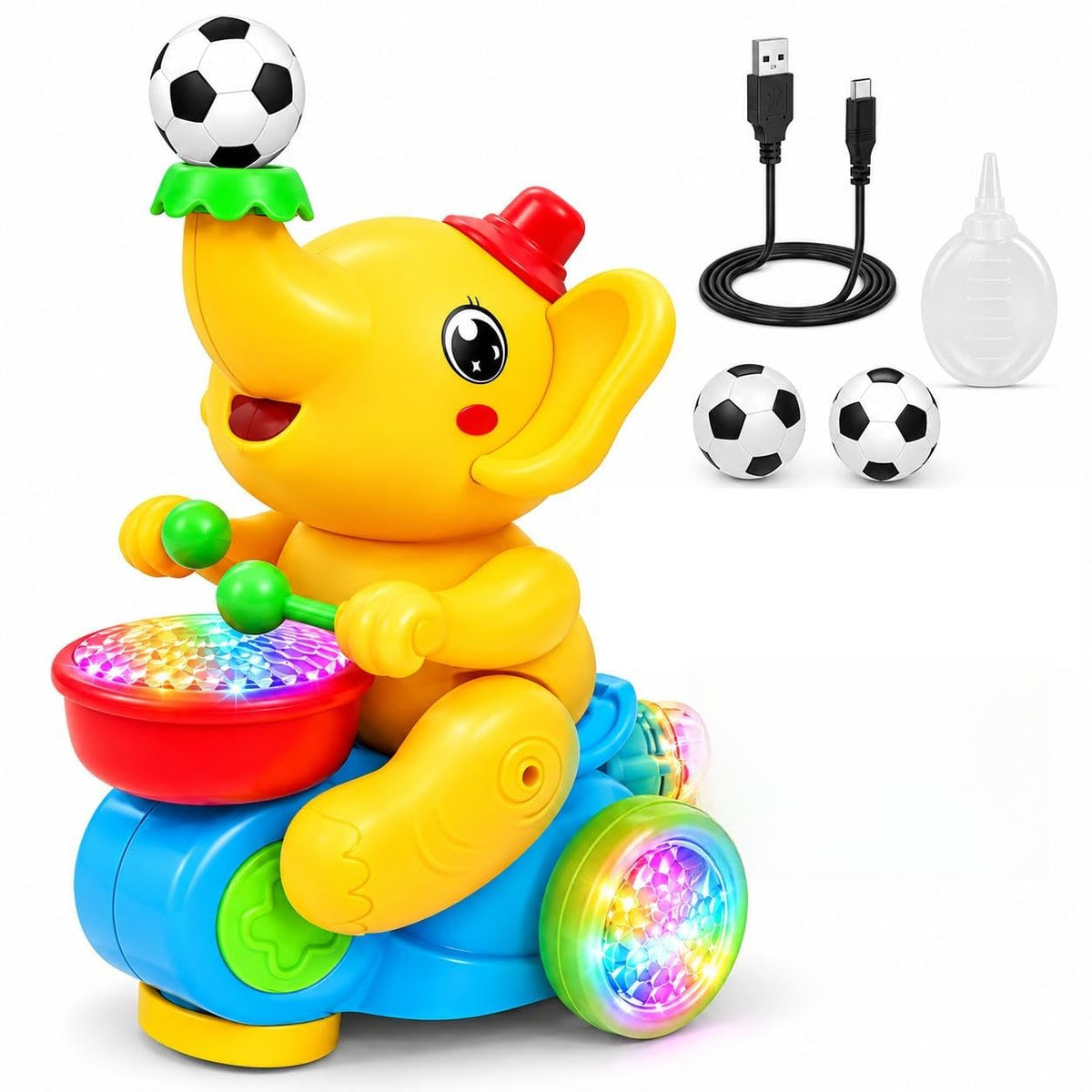 Trunki: Interactive Musical Drumming Elephant Toy with Floating Ball, Mist Spray, Colourful LED Lights, Bump & Go Wheels & Type-C Rechargeable Battery