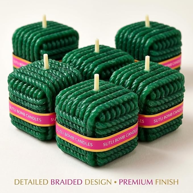 SutliPop: Sutli Bomb-Shaped Decorative Candles with Green Braided Rope Design, Festive Firecracker Style Candles for Diwali Décor, Celebrations & Gifting (Pack of 6)