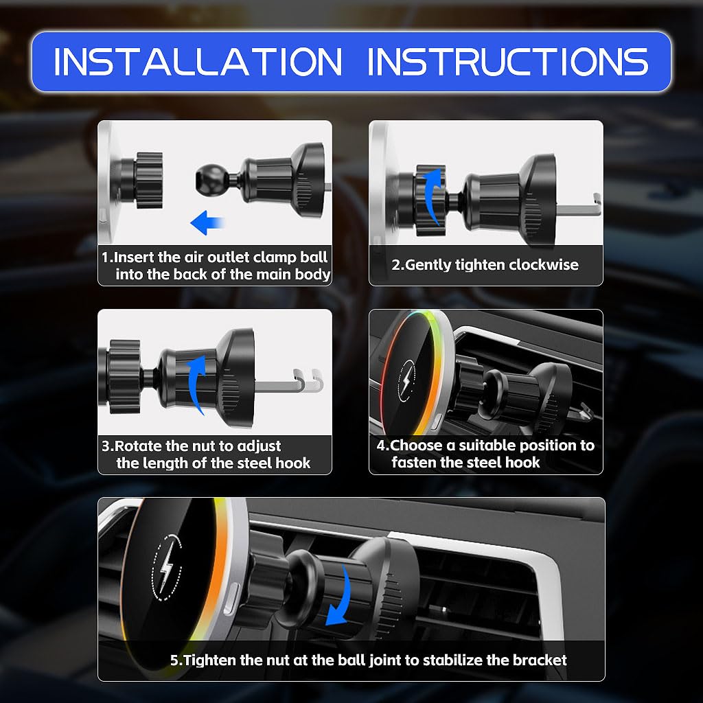 Pulse: MagSafe Car Wireless Charger with Sound-Reactive Ambient Lights & 2-in-1 Phone Mount for Hands-Free Charging