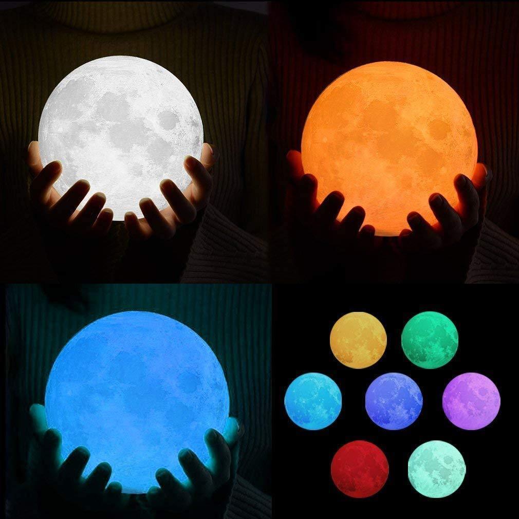 LunaGlow: 3D RGB Moon Lamp with 7-Color Touch Control, USB Rechargeable Design & Wooden Stand for Bedroom & Gifting