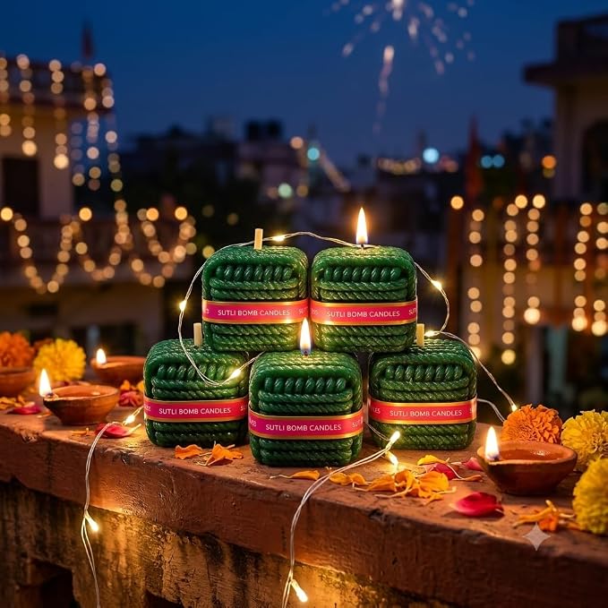 SutliPop: Sutli Bomb-Shaped Decorative Candles with Green Braided Rope Design, Festive Firecracker Style Candles for Diwali Décor, Celebrations & Gifting (Pack of 6)