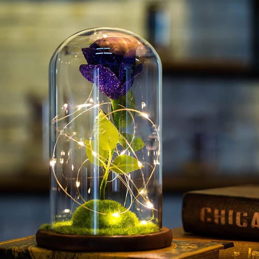Forever: Enchanted Purple Glass Rose with Removable Dome & USB-Powered LED Fairy Light for Romantic Décor & Gifting