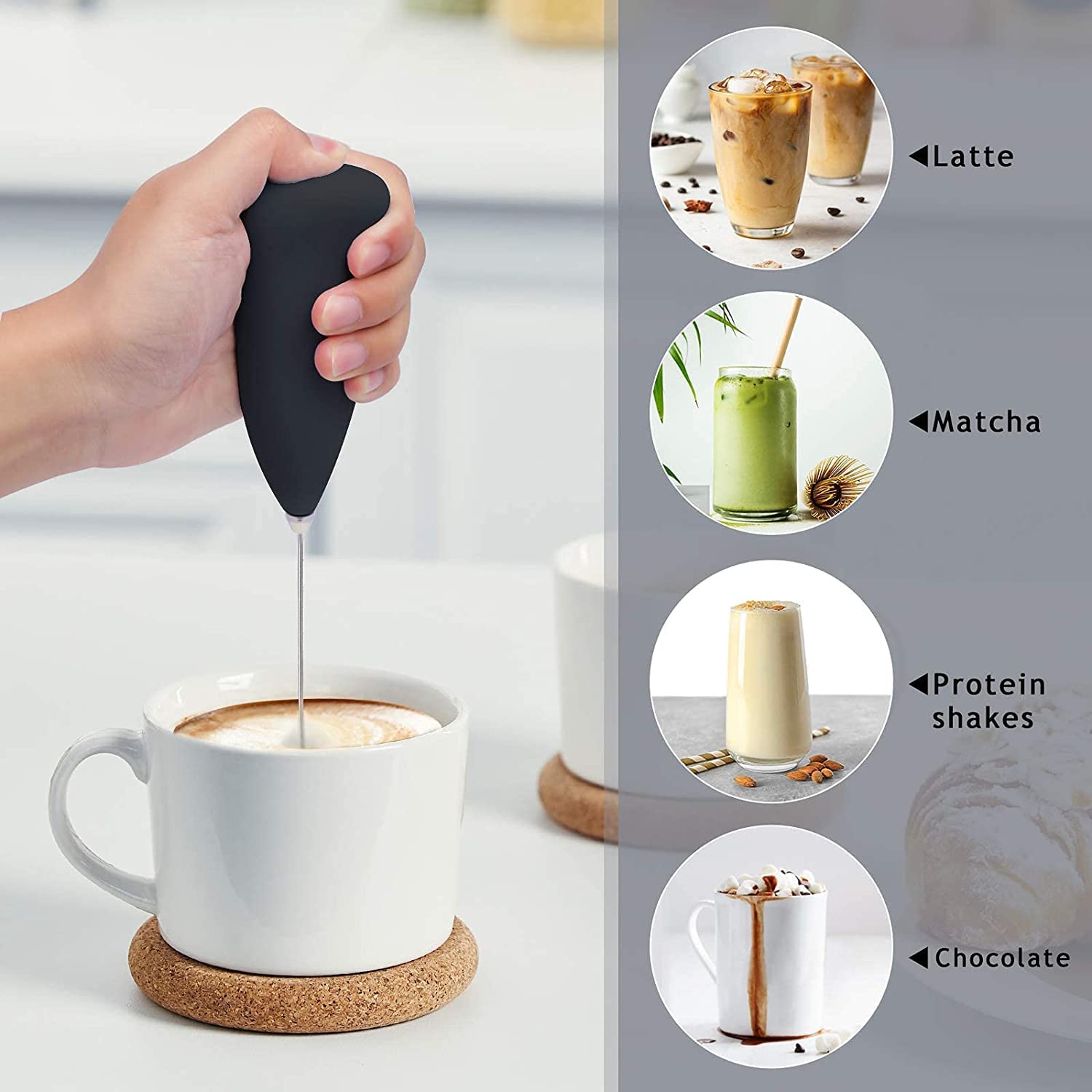Frothi: Portable Handheld Coffee Frother for Latte, Cappuccino & Beverages, High-Speed Electric Milk Frother with Stainless Steel Whisk