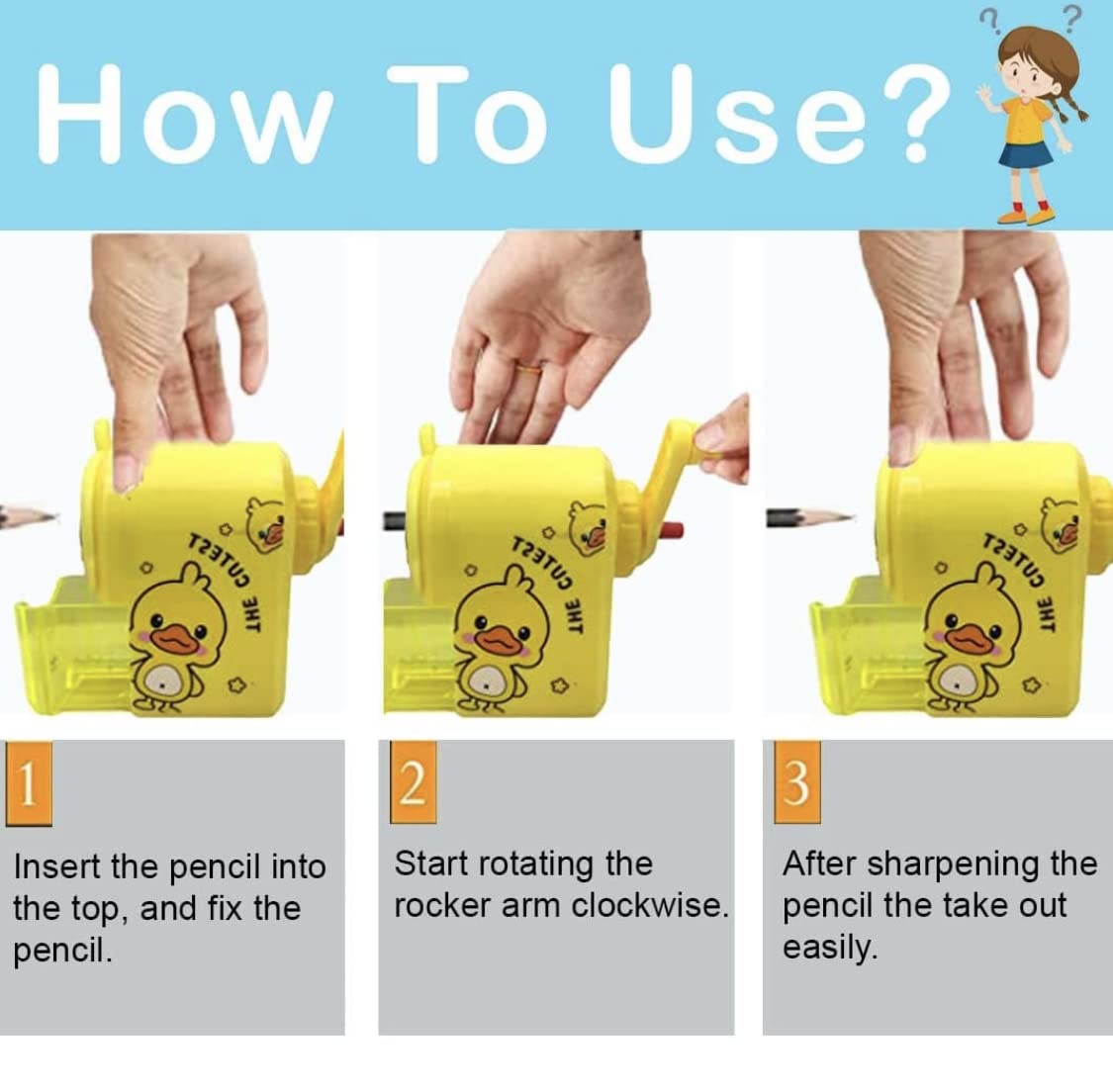 Duckoo: Cute Duck-Shaped Crank Pencil Sharpener for Kids, Handheld Stationery Tool for School Desks, Birthday Return Gifts & Classroom Supplies