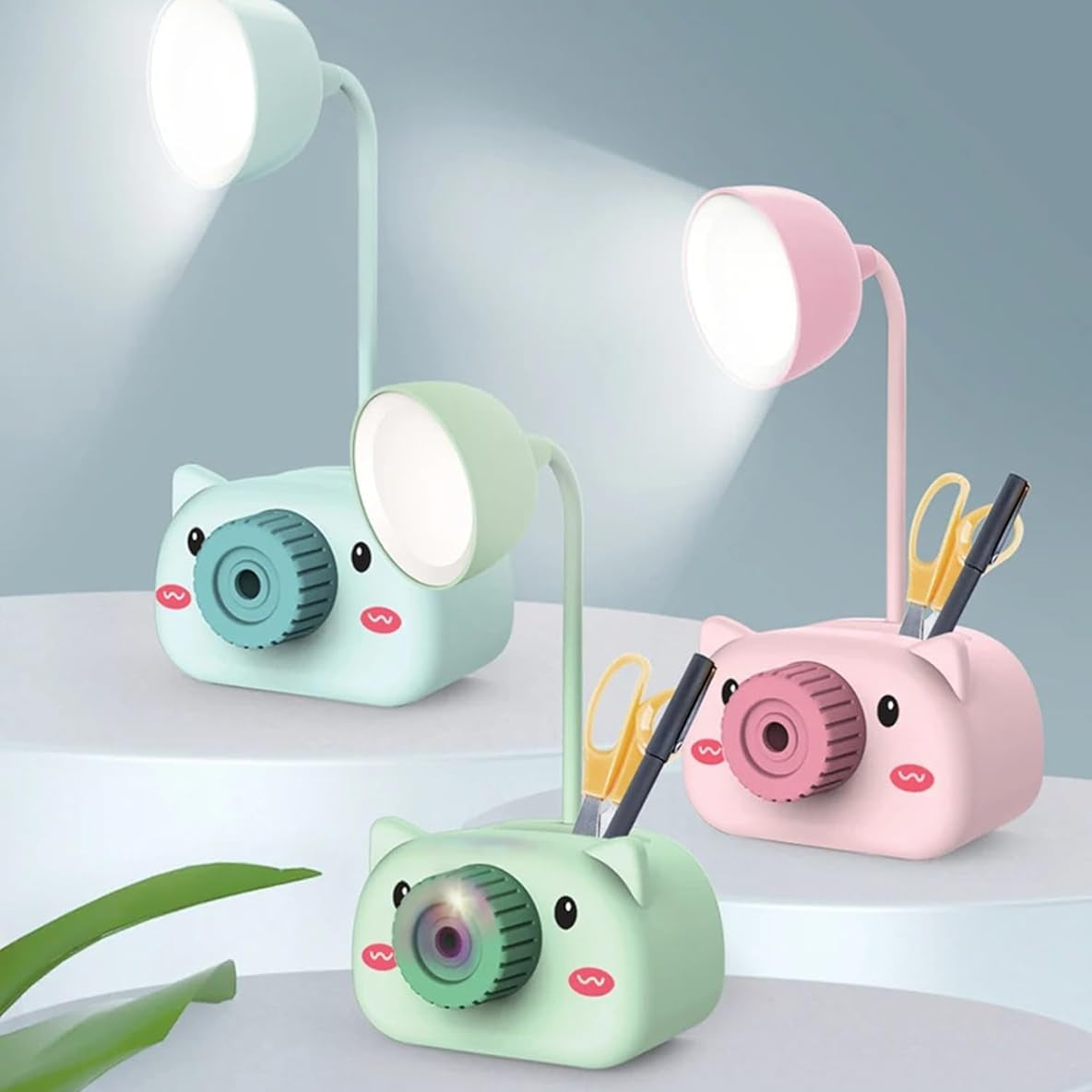 Snortie: Rechargeable LED Table Lamp with Cute Pig Design, Eye-Friendly Study Light with Pen Holder, Sharpener & Camera-Style Look for Kids’ Desk