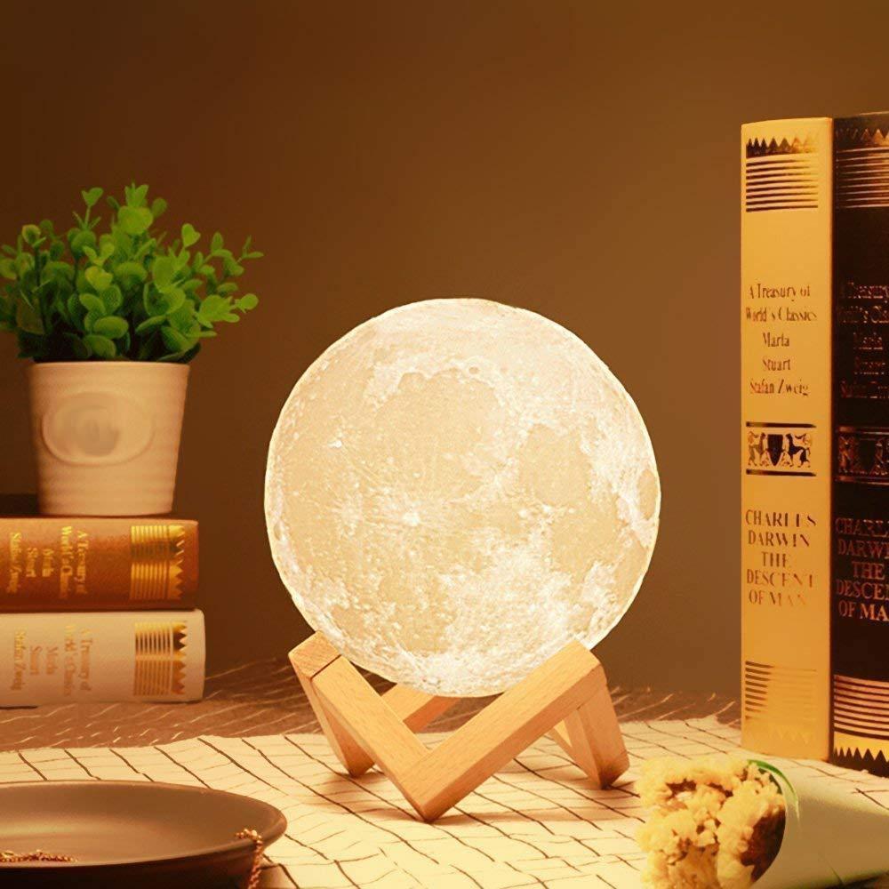LunaGlow: 3D RGB Moon Lamp with 7-Color Touch Control, USB Rechargeable Design & Wooden Stand for Bedroom & Gifting