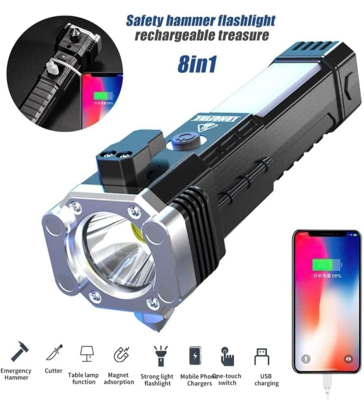 Torchii: Magnetic LED Emergency Rechargeable Torch & Cob Light with Window Breaker & Seat-Belt Cutter, for Car Safety, Camping & Outdoor Use