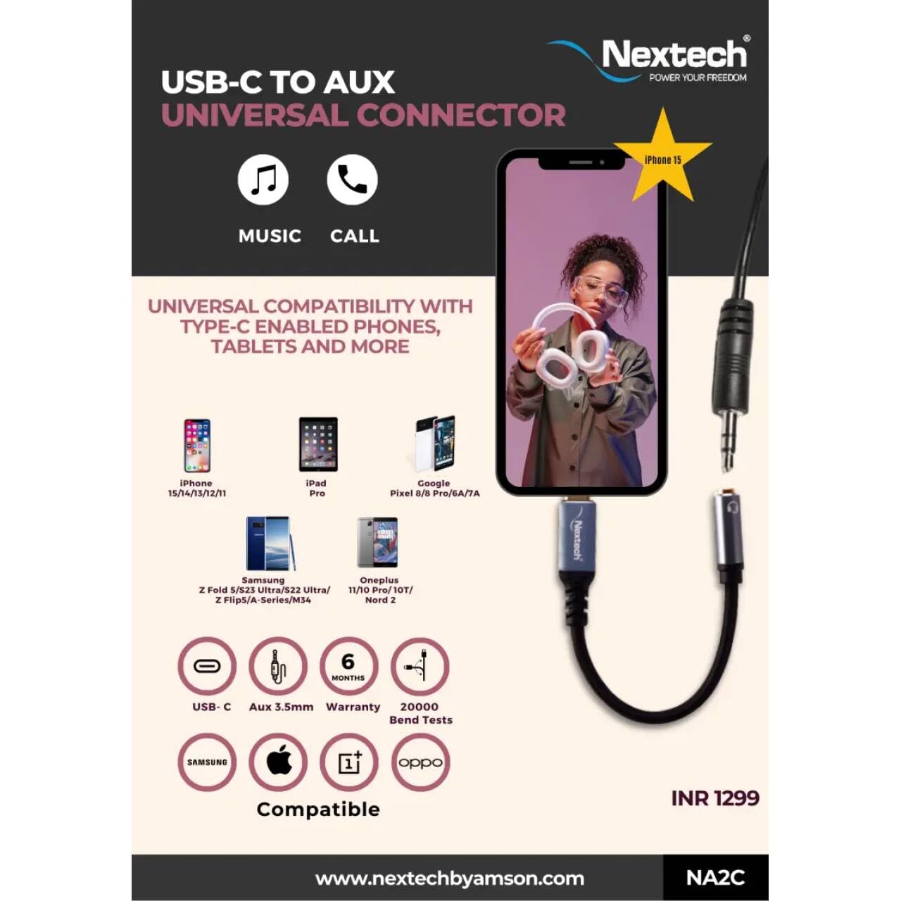 Nextech USB-C to 3.5mm Jack (F) Aux Headphone Connector for Music & Calling