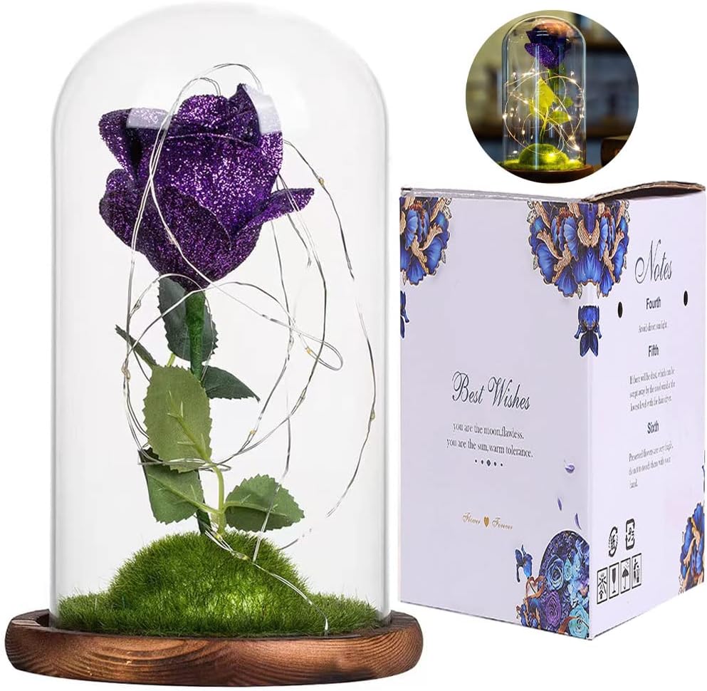 Forever: Enchanted Purple Glass Rose with Removable Dome & USB-Powered LED Fairy Light for Romantic Décor & Gifting