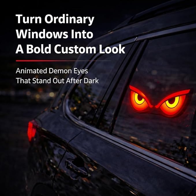EvilEye: Solar-Powered Devil Eye LED Car Window Light with Wireless Triangle Design, Energy-Efficient Night Glow & Automotive Window Decoration