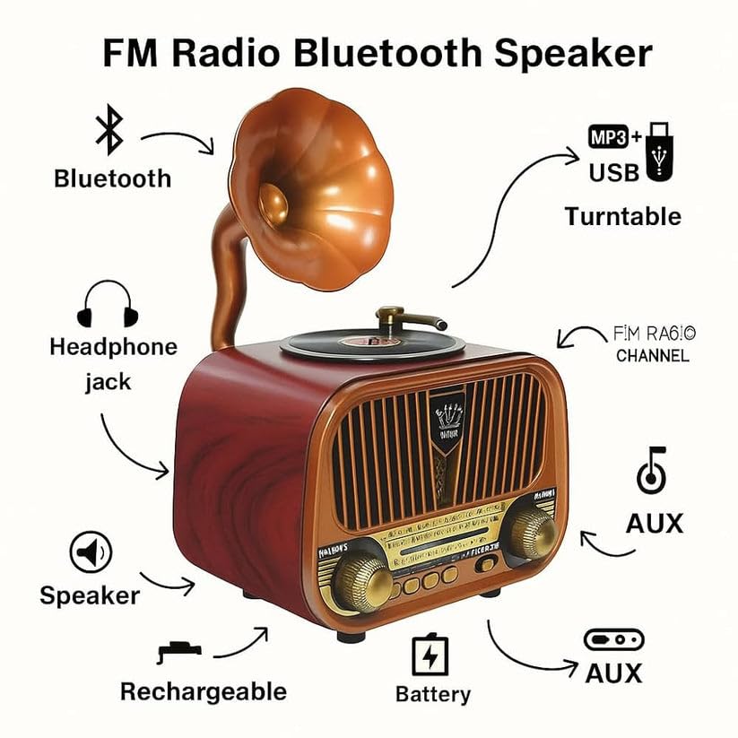 Grammy: Retro Gramophone Bluetooth Speaker with Classic Horn Design, Portable  Music Player with FM/AM/SW Radio, USB & TF Card Support, Deep Bass Sound