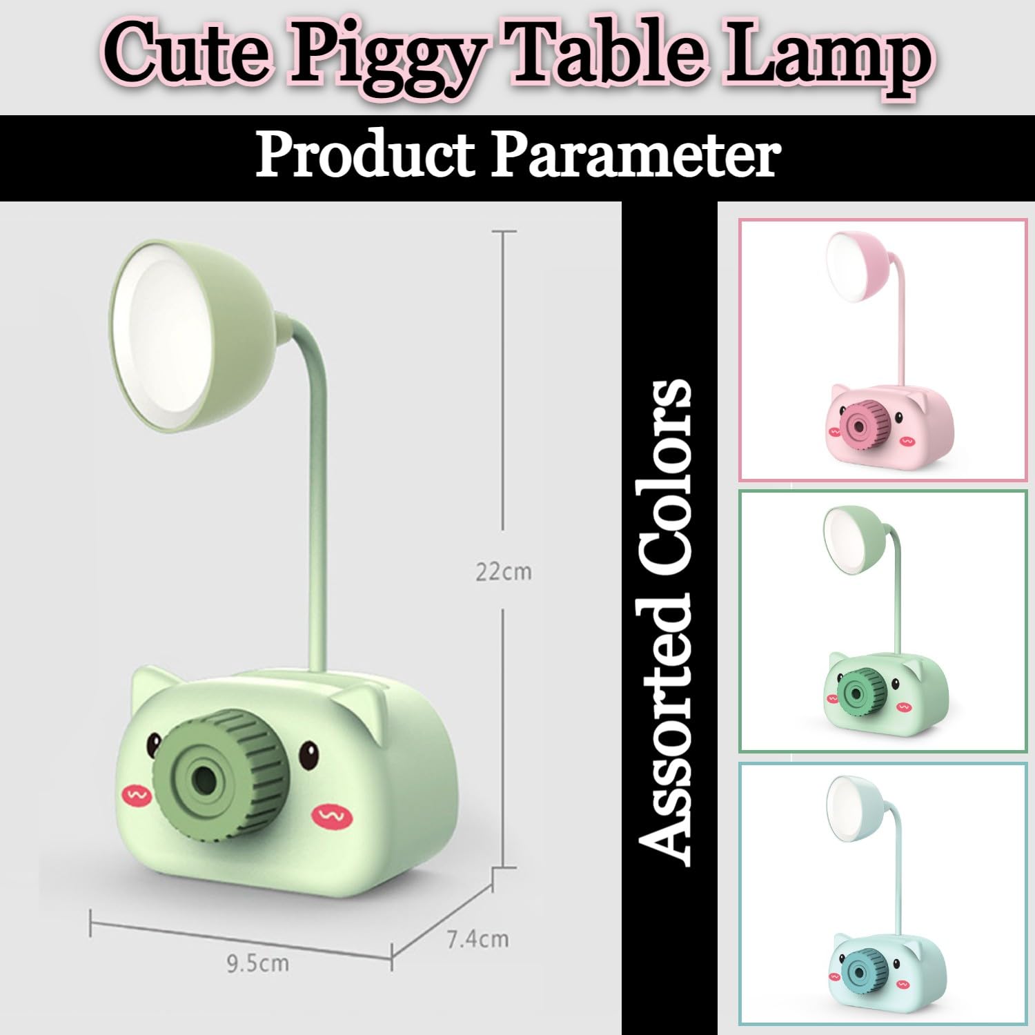 Snortie: Rechargeable LED Table Lamp with Cute Pig Design, Eye-Friendly Study Light with Pen Holder, Sharpener & Camera-Style Look for Kids’ Desk