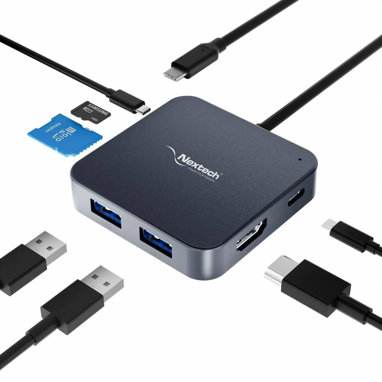 Nextech 7 in 1 USB-C Dock with 4K @30Hz HDMI, 2*USB 3.0, 1*100W Type-C PD, Type-C for Data Transfer upto 5 GBPS, TF/Micro SD Card Reader compatiable for Mac OS, Windows & All Type C Port Devices