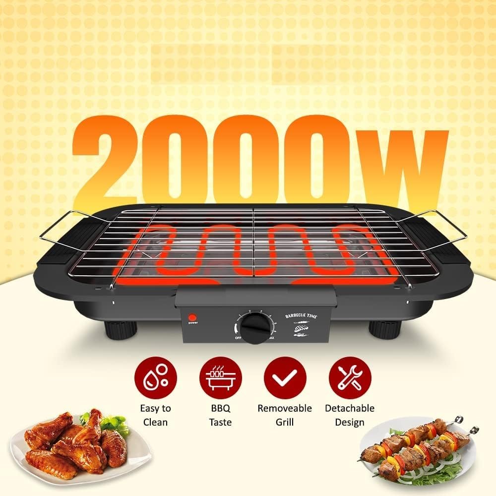 EzBBQ: 2000W Electric Barbecue Grill with Adjustable Temperature, Smokeless Design & Removable Drip Tray for Indoor & Outdoor Cooking