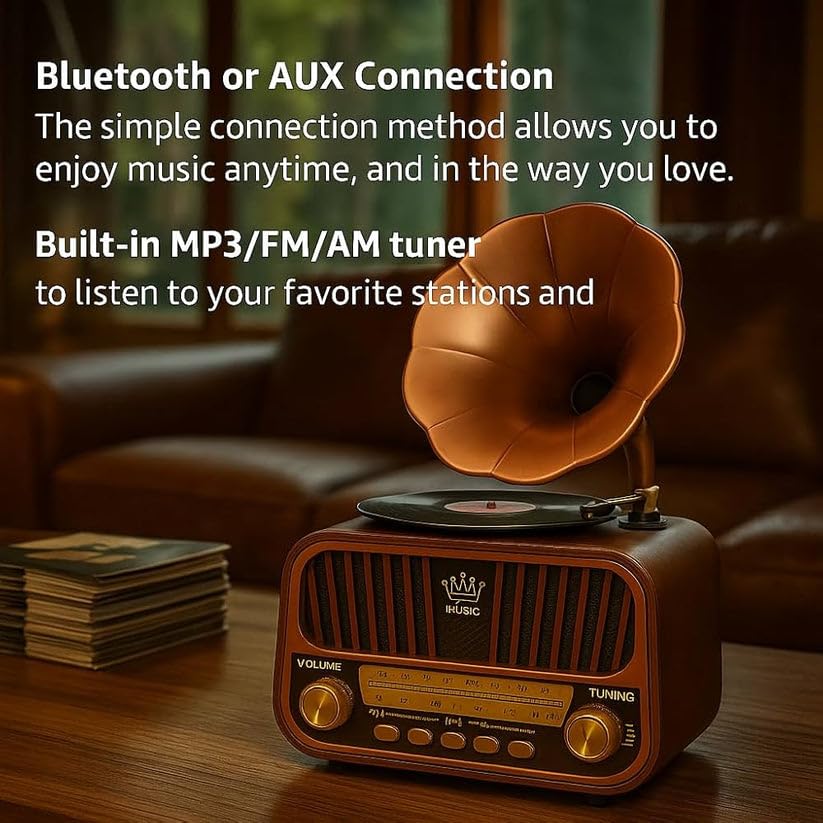 Grammy: Retro Gramophone Bluetooth Speaker with Classic Horn Design, Portable  Music Player with FM/AM/SW Radio, USB & TF Card Support, Deep Bass Sound