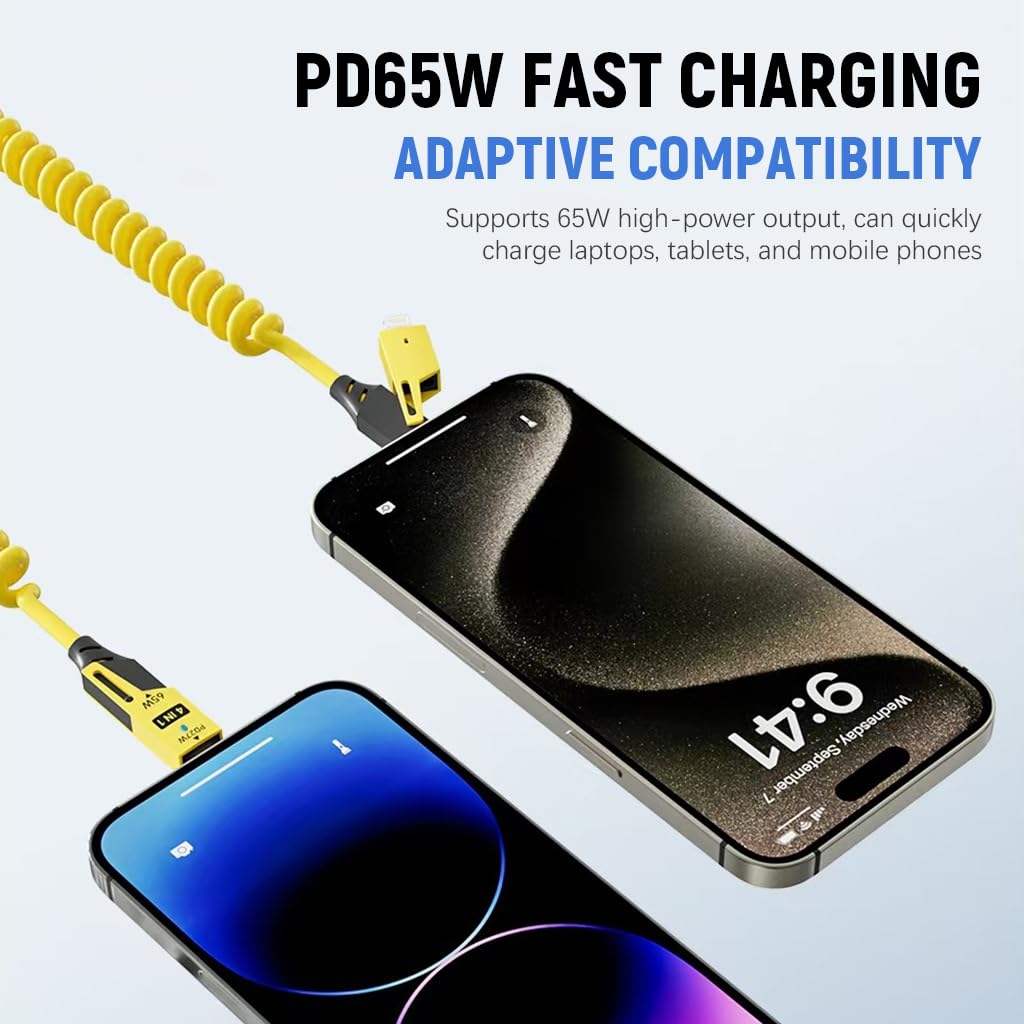 Coolio: 4-in-1 Coiled Fast Charging Cable with USB-A, Type-C & Lightning Connectors – 65W Spring Design for Travel, Car & Multi-Device Use