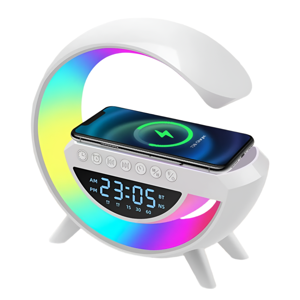 Gooble: Full Size G-Shaped RGB Atmosphere Lamp with 15W Wireless Charger, Bluetooth Speaker, Clock & Interactive Desk Light for Bedside & Room Décor