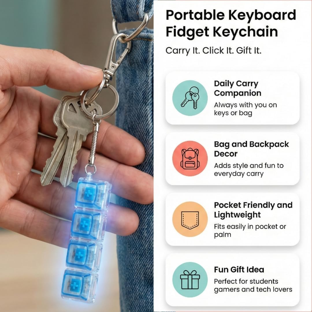 Tappy: Mini Keyboard Fidget Toy with Clicky Keys, Mechanical Key Clicker Keychain with LED Light for Stress Relief, Focus & Desk Use