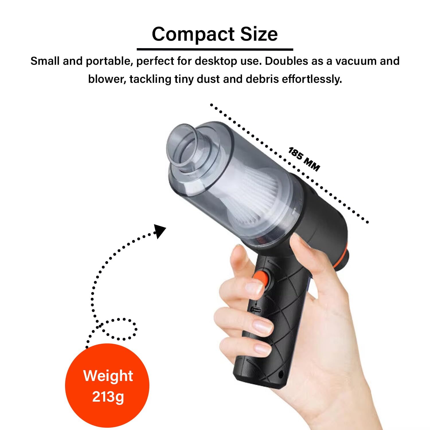 MiniVac: Type-C Rechargeable 2-in-1 Portable Vacuum Cleaner & Blower with Powerful Suction & 3 Nozzles for Car, Home & Office