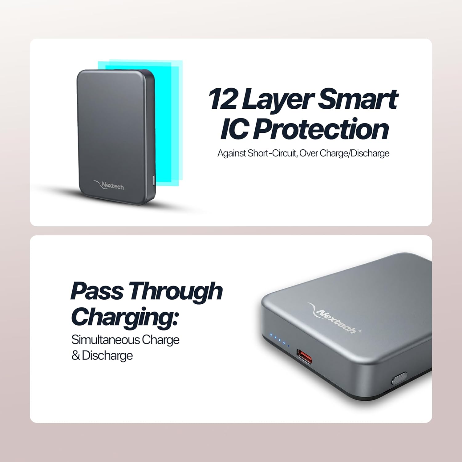Nextech MagNxt | 10,000mAh Wireless Rapid Charge | Type-C PD | 22.5W Output | Compact, Sleek | 15W Magnetic Charging | LED Indicator | Compatible with iPhone 12 & Qi | Space Grey