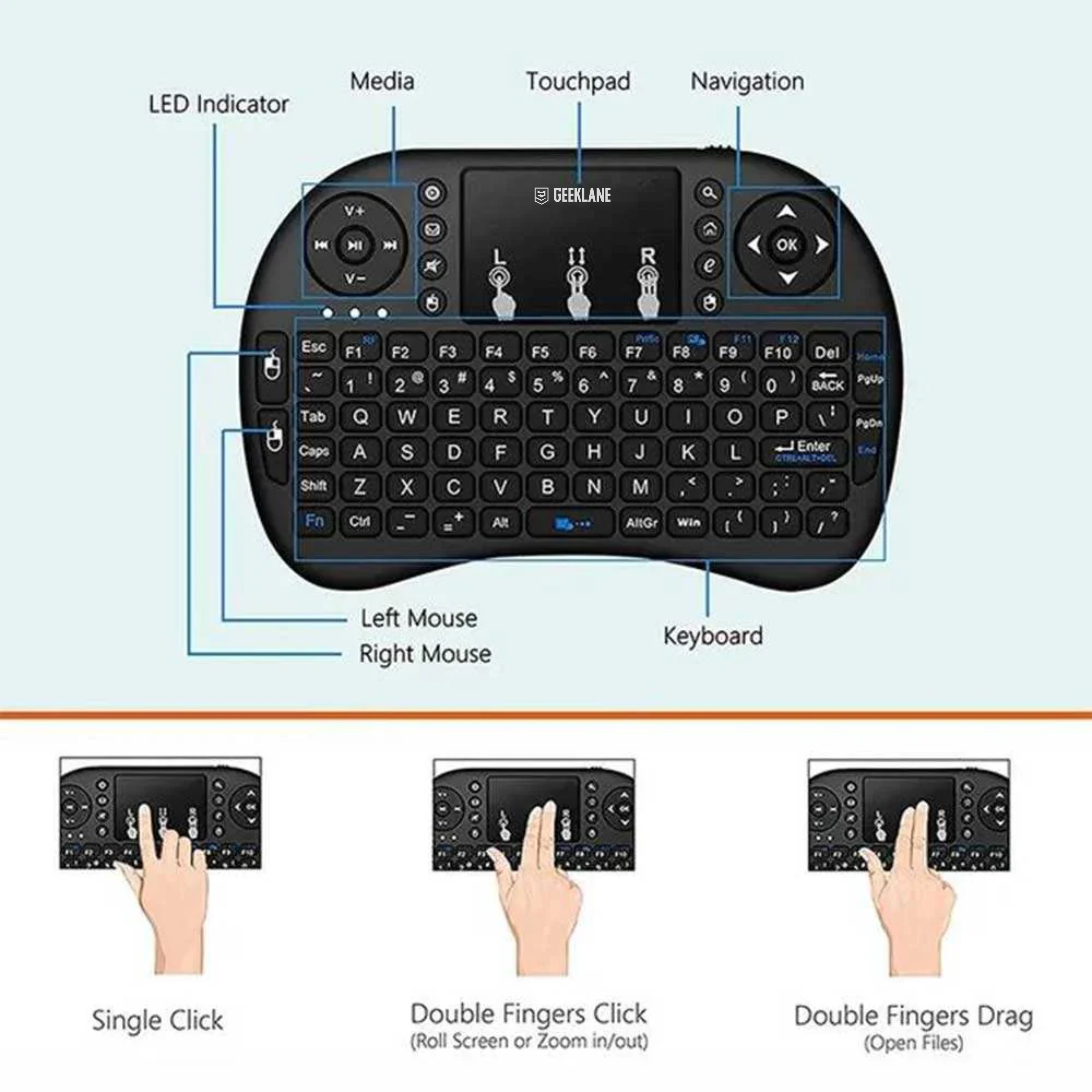 Keyboo: Rechargeable Mini Wireless Keyboard with Trackpad, Backlight, Bluetooth Mode & USB Dongle