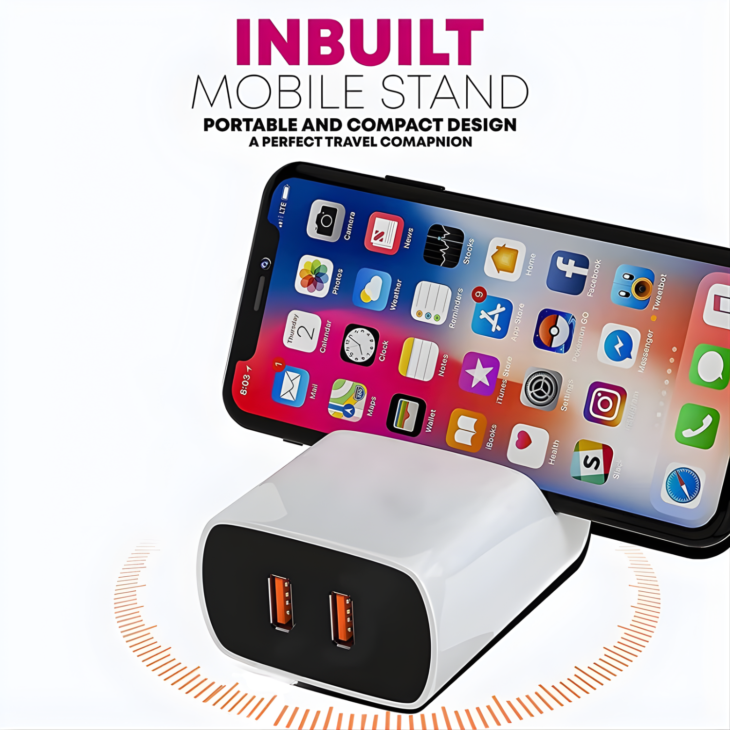 Zapoo: Dual-Port Fast Charging Adapter, QC 3.0 USB Charger with Mobile Stand & 3.8A Output with 1Pc High-Speed Charging Cable