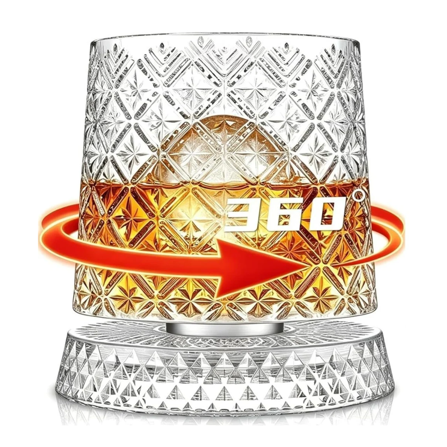 Glitzo: 300ml Revolving  Glass with Hexa-Cut Crystal Look, 360° Spinning Tumbler & LED Light Base Glass