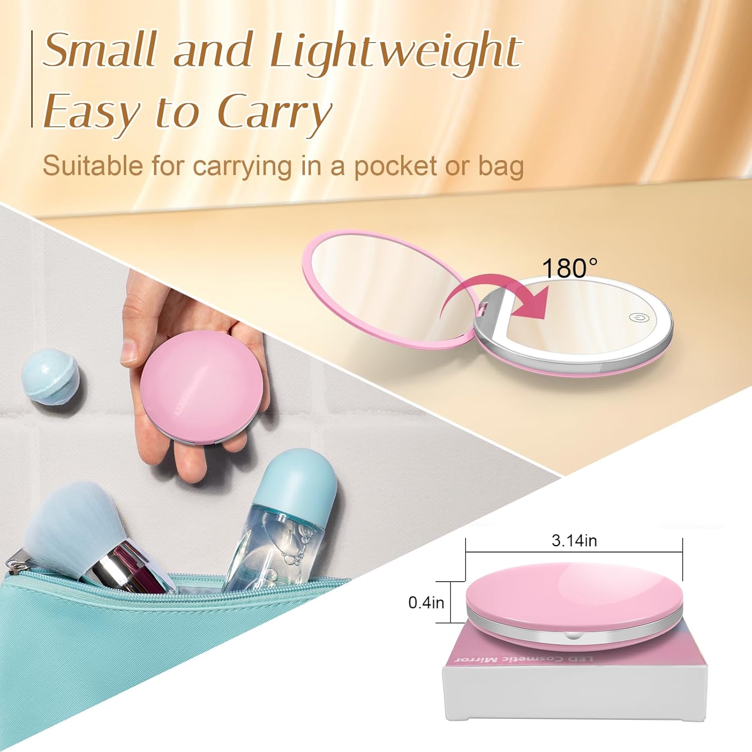 PocketGlow: LED Pocket Compact Mirror with 1X/3X Magnification, USB Rechargeable Mini Makeup Mirror for Purse, Travel & Daily Use