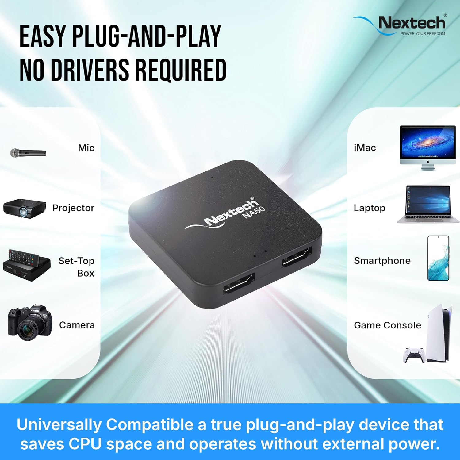 Nextech HDMI Capture Card – 4K@30Hz Pass-Through, Ultra-Low Latency Loop-Out, USB 3.0 Plug & Play, AUX Audio Input – Compatible with PS5, Xbox, Camera, PC for Streaming & Recording
