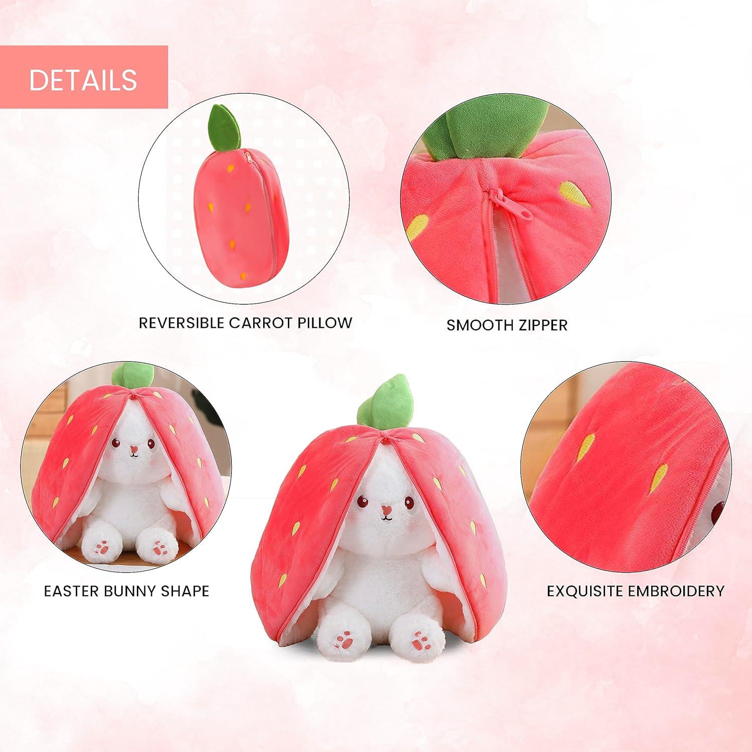 PeekaBoo: Reversible Strawberry Bunny Plush Toy Pillow with Zipper – Soft & Cuddly Gift for Kids & Plush Lovers