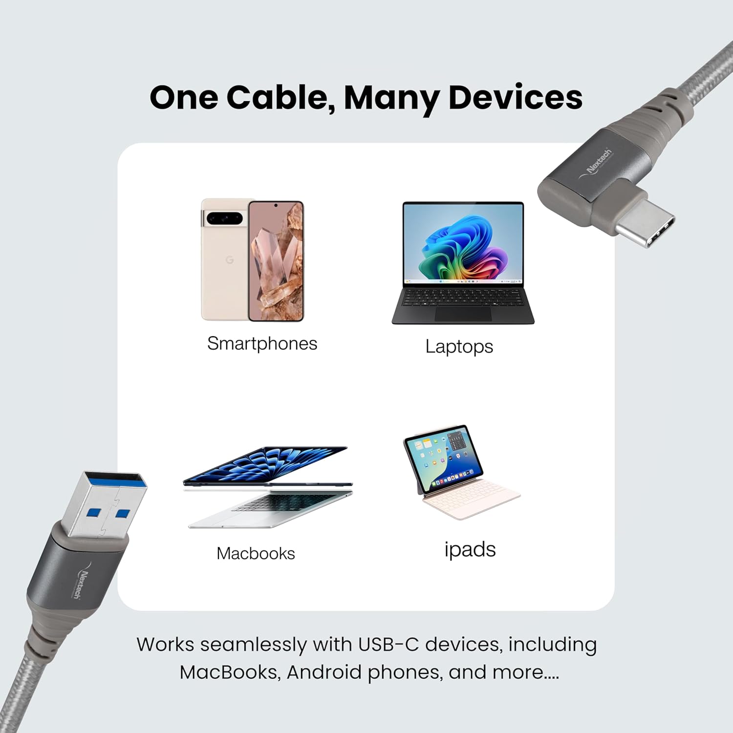 Nextech USB 3.0(M) to USB-C R/A (M) Braided Cable 1.5M (Space Grey)