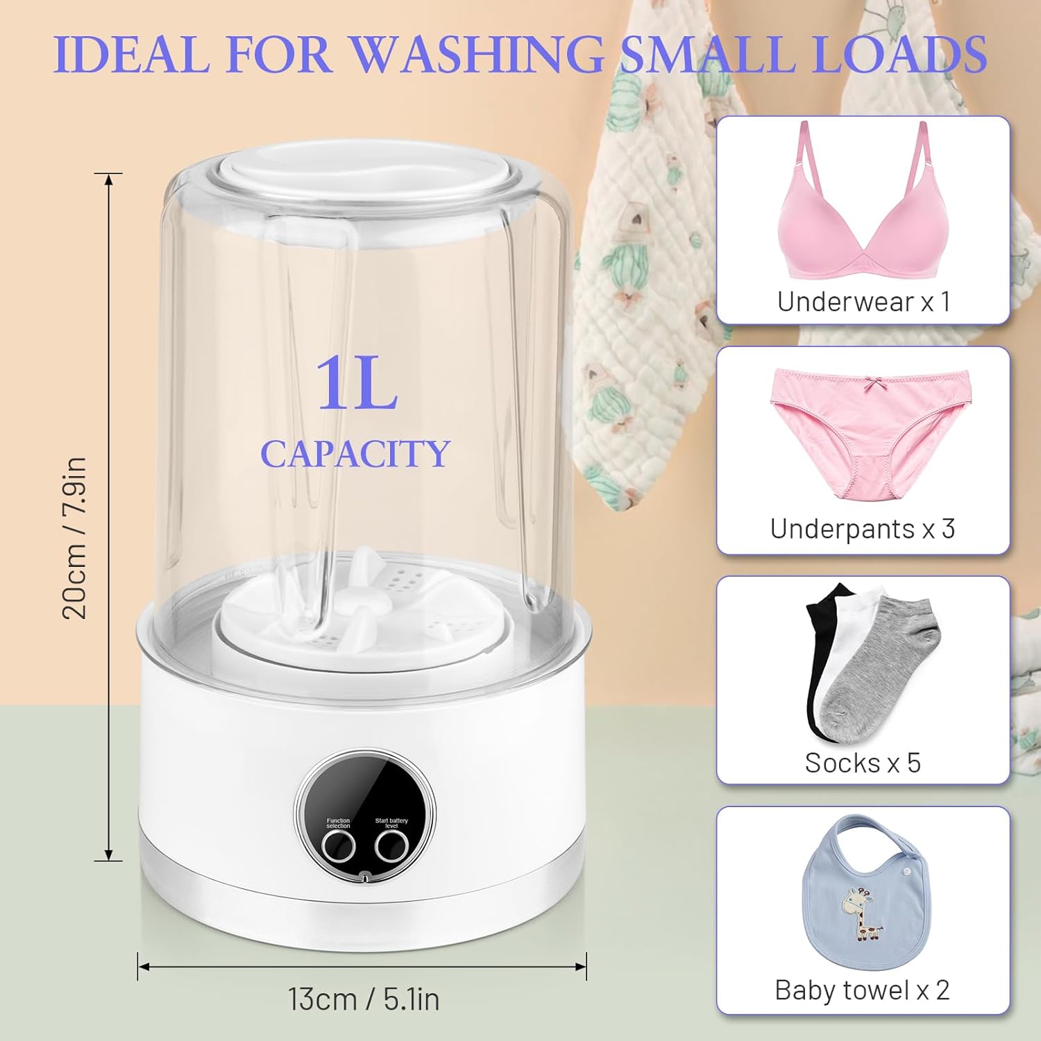 Washy: Portable Mini Washing Machine with Rechargeable 3000mAh Battery, Compact Deep Cleaning Washer for Undergarments, Baby Clothes, Travel & Camping