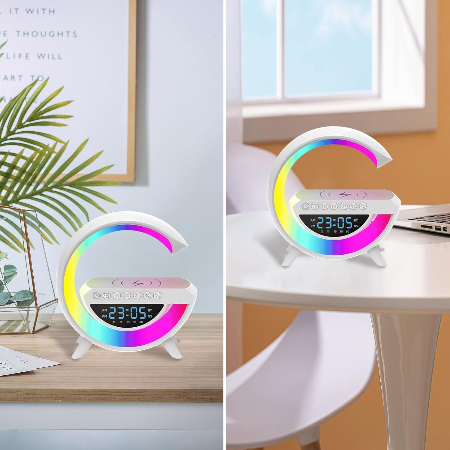 Gooble: Full Size G-Shaped RGB Atmosphere Lamp with 15W Wireless Charger, Bluetooth Speaker, Clock & Interactive Desk Light for Bedside & Room Décor