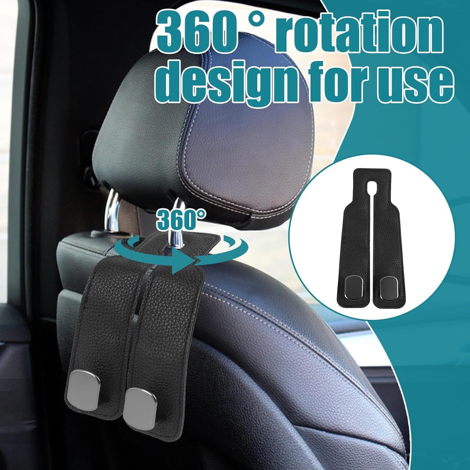 Hooksy: Universal Leather Car Headrest Hooks, Car Seat Back Organizer Hanger for Handbags, Purses, Shopping Bags, Backpacks & Accessories (Pack of 2)