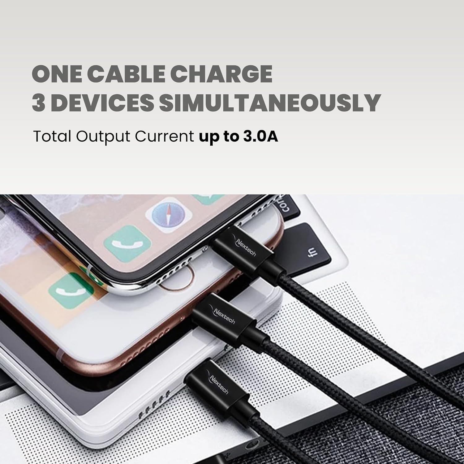 Nextech 3 in 1 USB Fast Charging Cable with Type C, Lightning, Micro USB Connectors for iPhone, iPad, Android and Type-c mobile phones