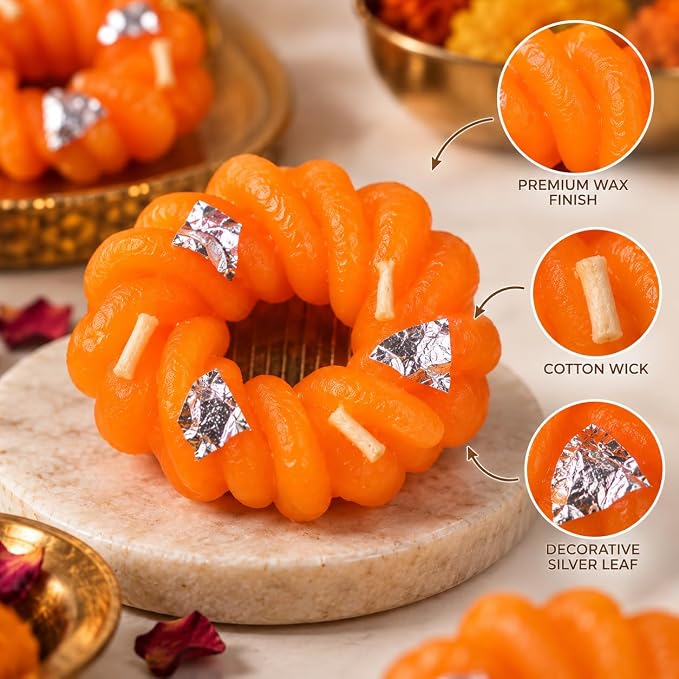 Imarti: 3-Wick Traditional Imarti-Shaped Decorative Candles with Handmade Indian Mithai Design, Orange Festive Candles for Diwali Décor, Pooja & Gifting (Pack of 4)