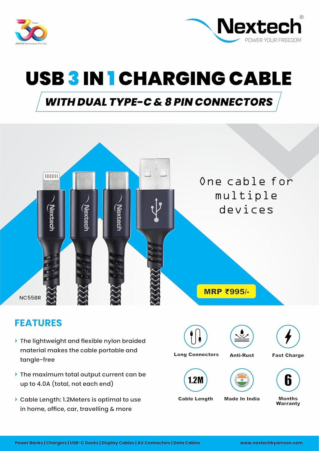 Nextech 3 in 1 Charging Braided Cable with Dual Type-C & Lightning connectors compatible with All Type-C & iPhone, iPad, Macbook & Airpods 1.2M