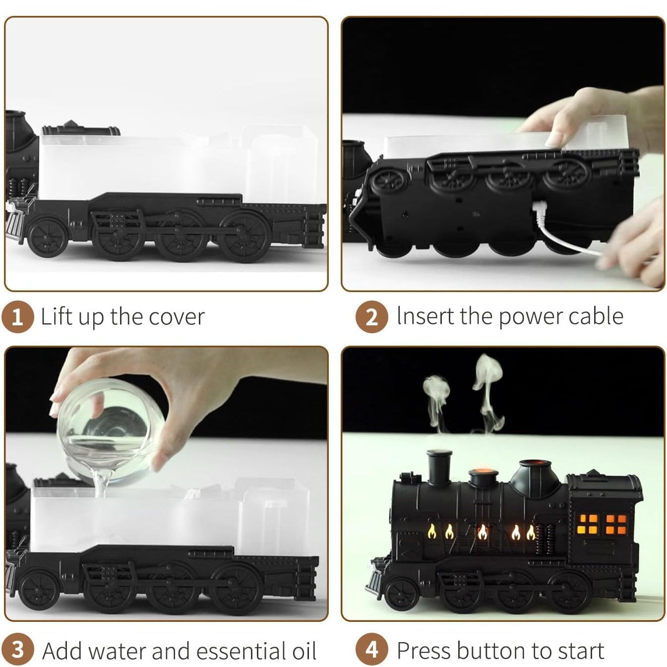 Mystiq: Train-Shaped Aroma Diffuser & Humidifier, 300ml, Flame Light, 2 Mist Modes, Auto Off – Perfect for Home, Office & Festive Decor.