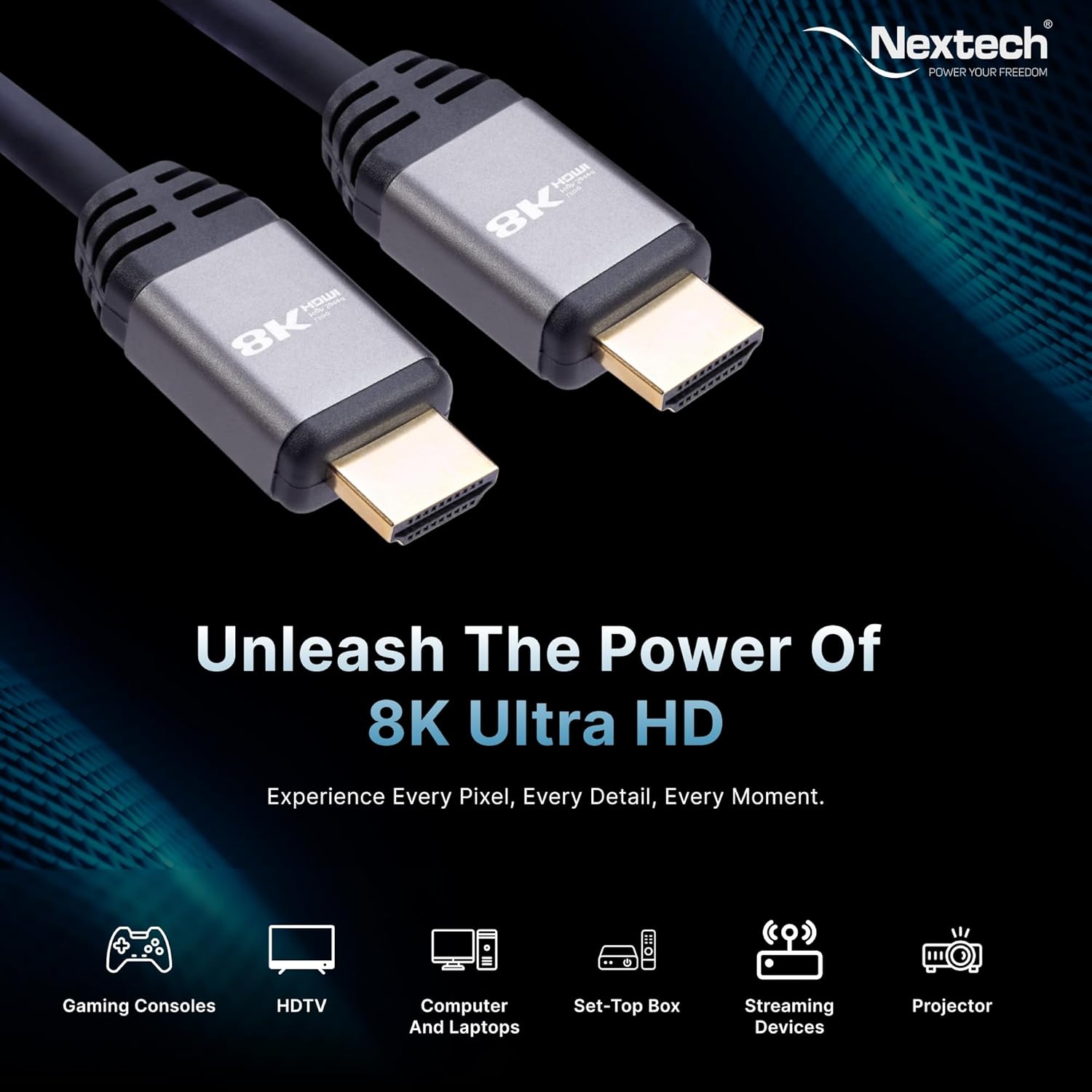 Nextech 8K HDMI 2.1 Ultra HD Certified Cable with 8K@60Hz, 4K@120Hz, High Speed 48Gbps, eARC, 3D connectitiy, Compatible with All HDMI Devices, TV Set-top Box, Gaming Console (1.8 Meters)