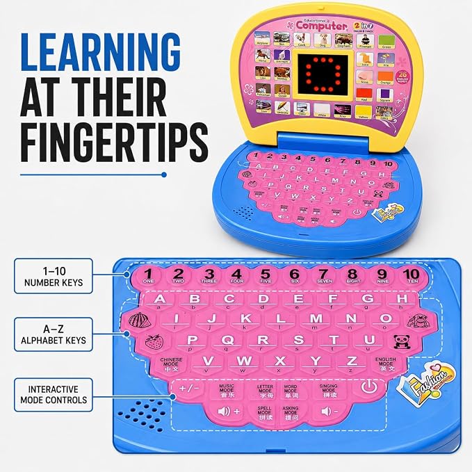 Kidemy: Interactive Educational Laptop Toy for Kids with LED Display, A–Z Alphabet, 1–10 Numbers, Spelling, Music & English-Chinese Learning Modes