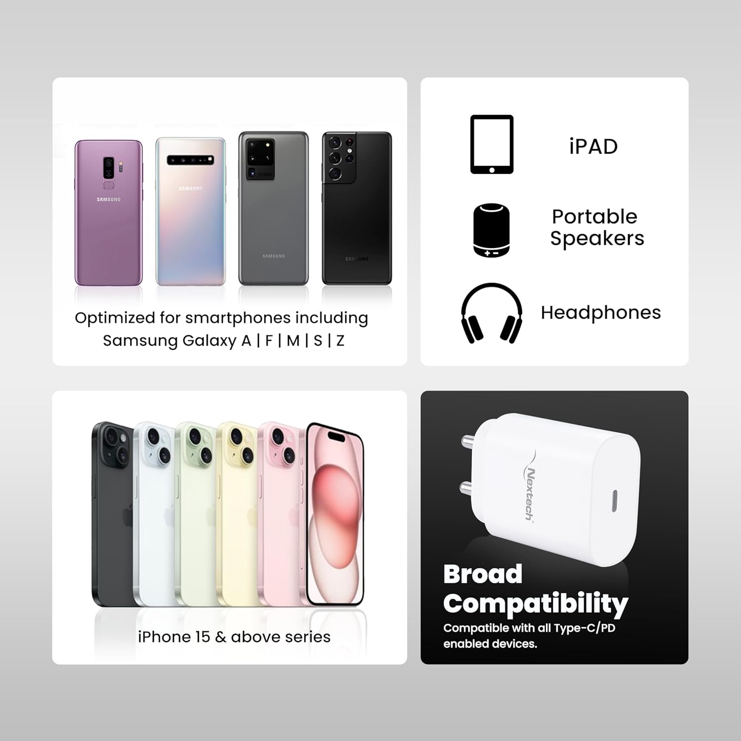 Nextech 25W Type C Mobile Charger Adapter, Fast PPS Charging for Samsung Smartphones, iPhone 15/14/13/12/11/X & Pro, Max Series & Other Type C Devices, PD Technology (Charge 25, Black)