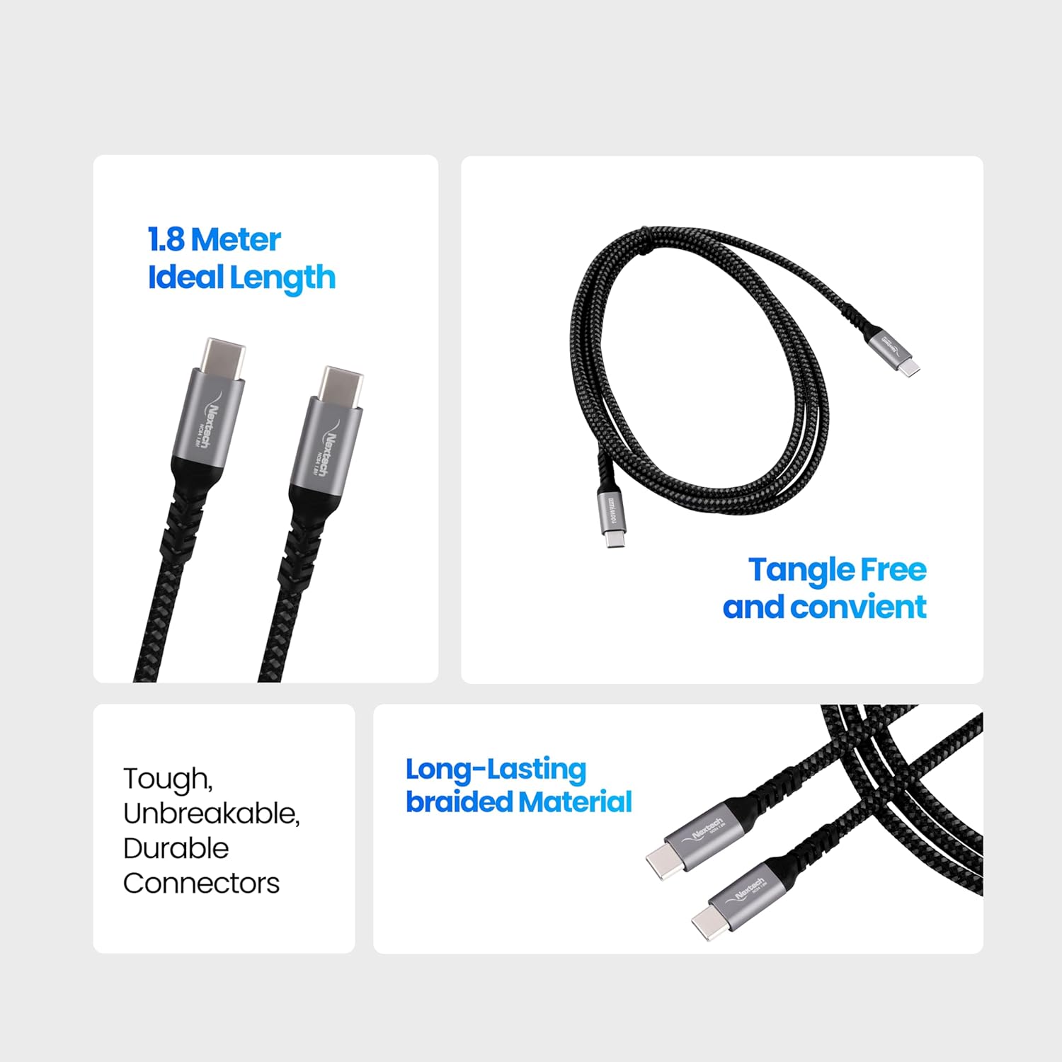 Nextech USB Type C to Type C 100W, Gen 2, 10gbps Braided Fast Sync & Charge Video Cable Compatiable with Laptops & Smartphones (1.8M)