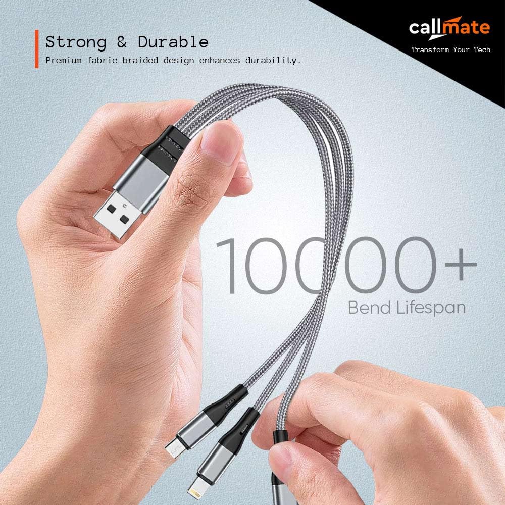 Trippy: 3-in-1 Universal Fast Charging Cable with Lightning, Type-C & Micro-USB – Durable Fabric Multi Charging Cable (21 cm)